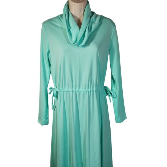 Vintage 70s Dress Disco Mod Long Sleeve Empire Waist Maxi Flowy Mint Green L - Picture 7 of 16